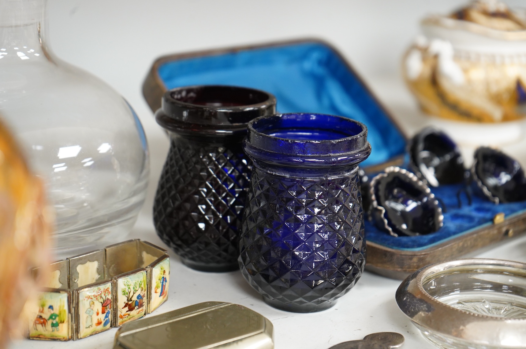 Sundry items to include a cased set of silver salts with glass liners, a Persian panelled bracelet and a glass decanter, largest 23cm high